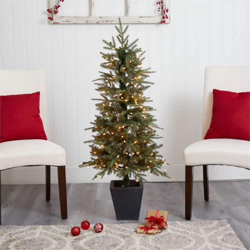 Nearly Natural 4.5ft Green Christmas Tree with Clear Lights & Decorative Planter