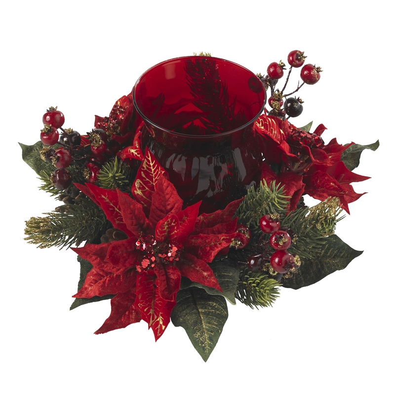 Nearly Natural Poinsettia & Berry Candelabrum in Red