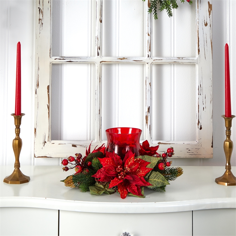 Nearly Natural Poinsettia & Berry Candelabrum in Red