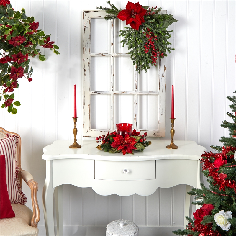 Nearly Natural Poinsettia & Berry Candelabrum in Red