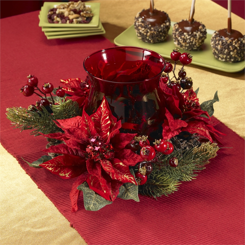Nearly Natural Poinsettia & Berry Candelabrum in Red