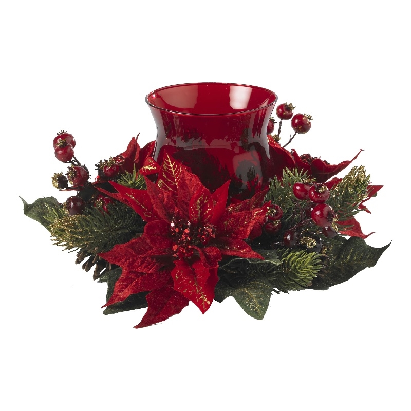 Nearly Natural Poinsettia & Berry Candelabrum in Red