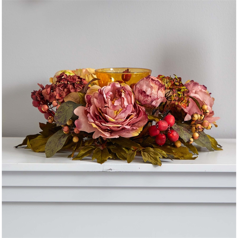 Nearly Natural Peony Hydrangea Candelabrum in Red