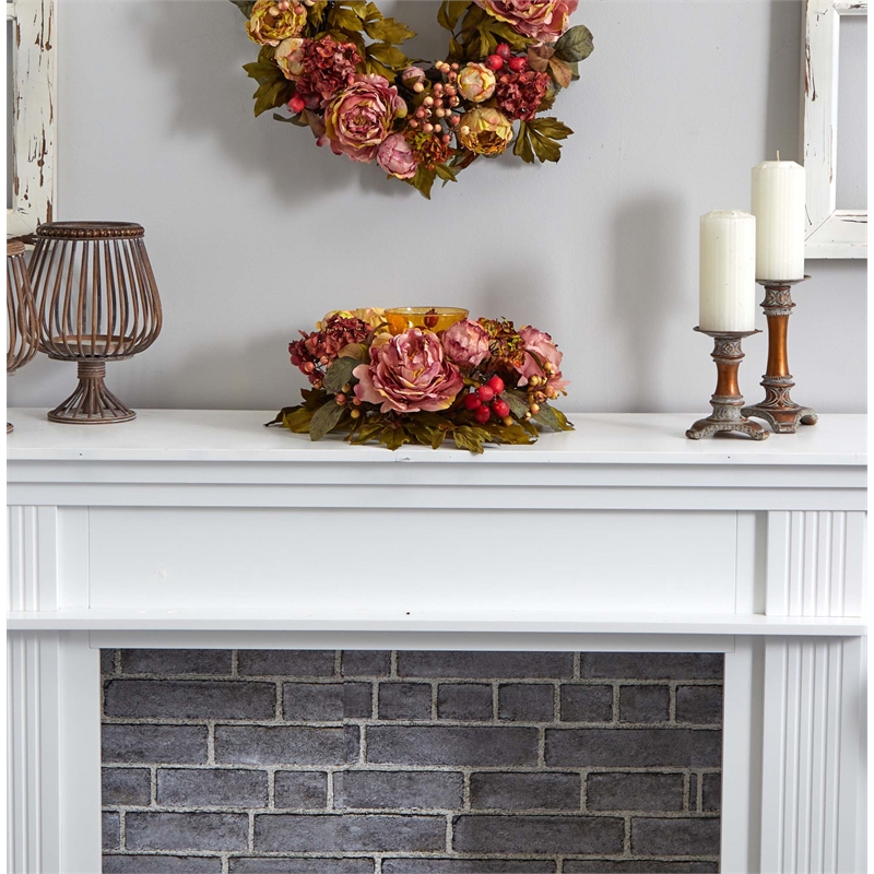 Nearly Natural Peony Hydrangea Candelabrum in Red