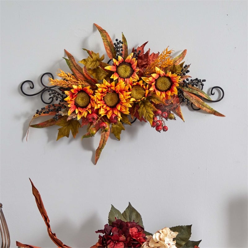 Nearly Natural Sunflower Swag with Metal Frame in Yellow