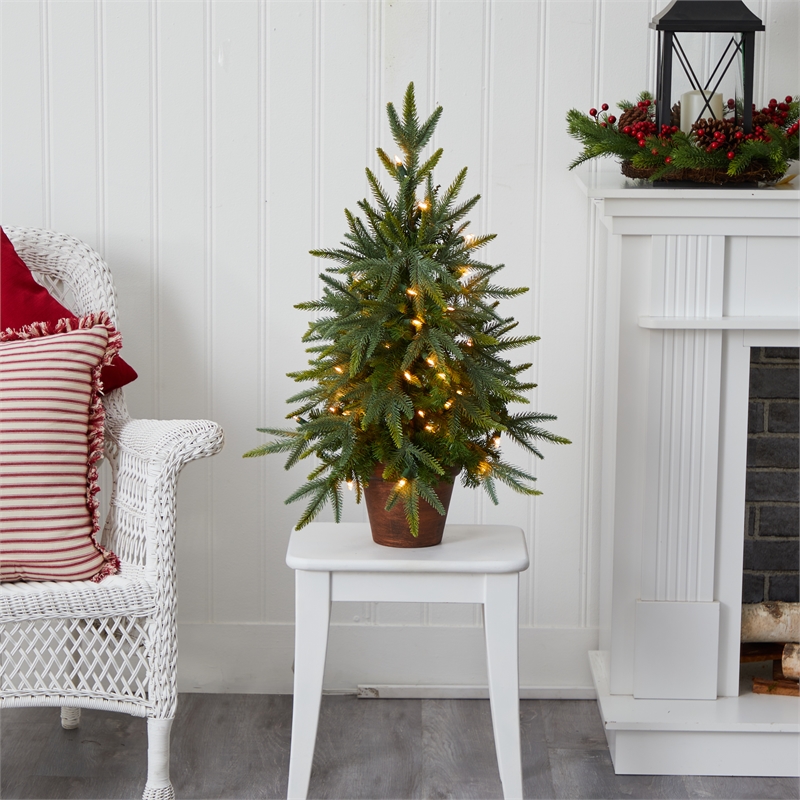 Nearly Natural 2.5ft Green Christmas Tree with Planter & Clear Lights