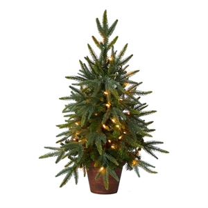 Nearly Natural 2.5ft Green Christmas Tree with Planter & Clear Lights