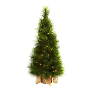 Nearly Natural 3ft Green Christmas Tree with Burlap Bag & Clear Lights