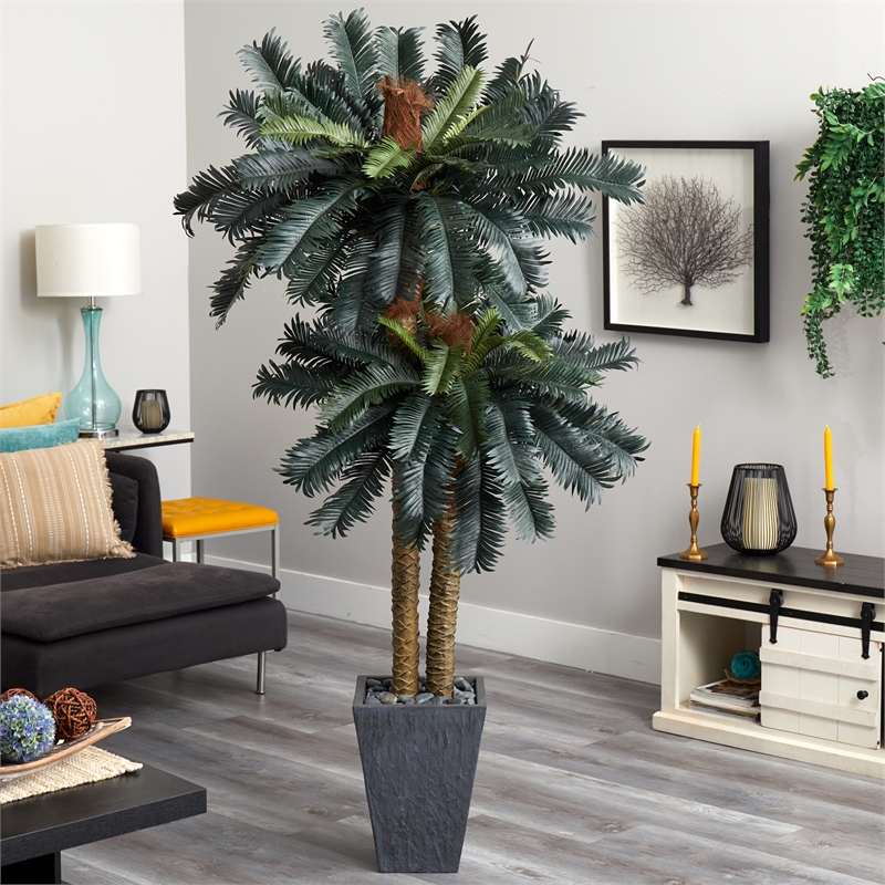 Nearly Natural 6ft Double Sago Palm Artificial Tree Slate Finished Planter