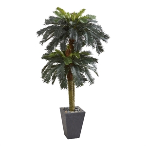 Nearly Natural 6ft Double Sago Palm Artificial Tree Slate Finished Planter