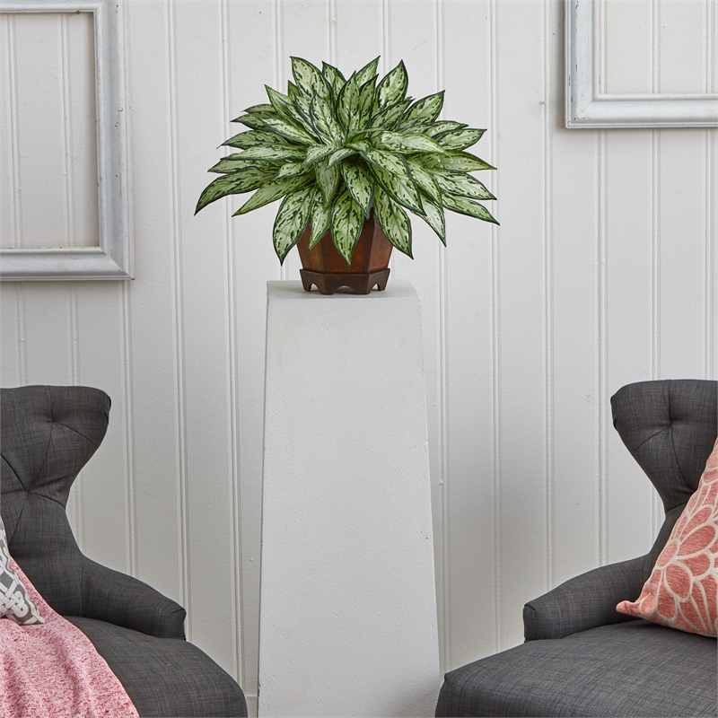 Nearly Natural Triple Silver Queen with Hexagon Vase Silk Plant in Green