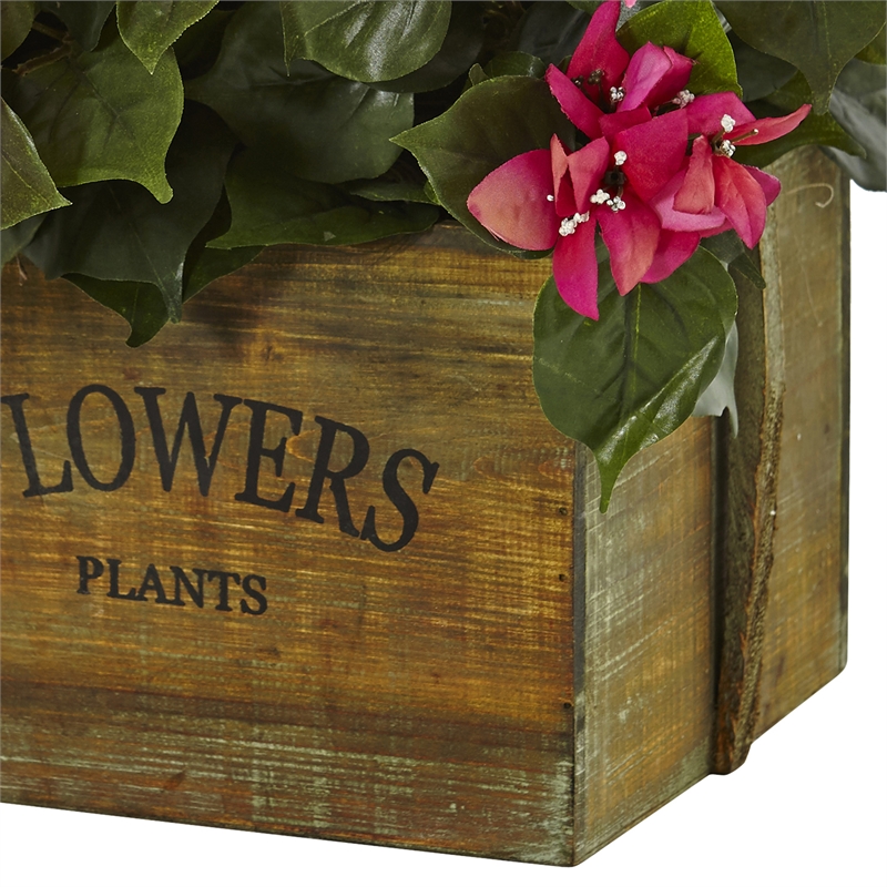 Nearly Natural Bougainvillea Flowering Plant in Rustic Wood Planter in Pink