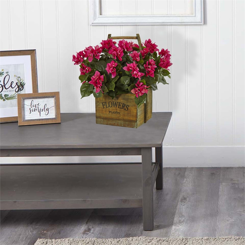 Nearly Natural Bougainvillea Flowering Plant in Rustic Wood Planter in Pink