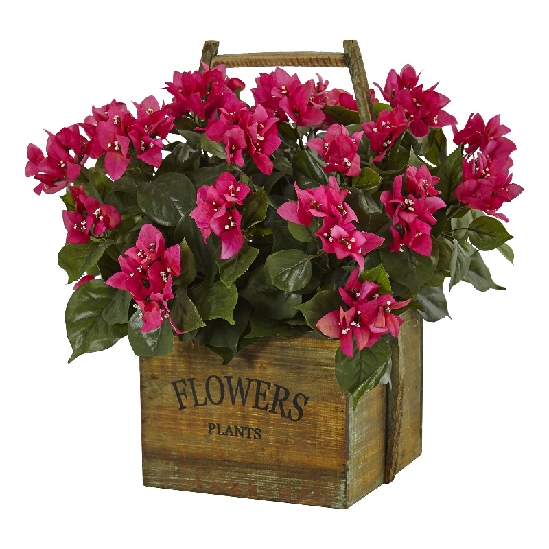 Nearly Natural Bougainvillea Flowering Plant in Rustic Wood Planter in Pink