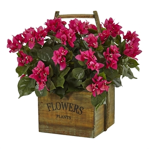 Nearly Natural Bougainvillea Flowering Plant in Rustic Wood Planter in Pink