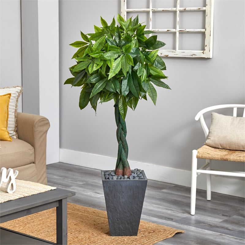 Nearly Natural 5ft Money Artificial Tree in Slate Planter (Real Touch) in Green