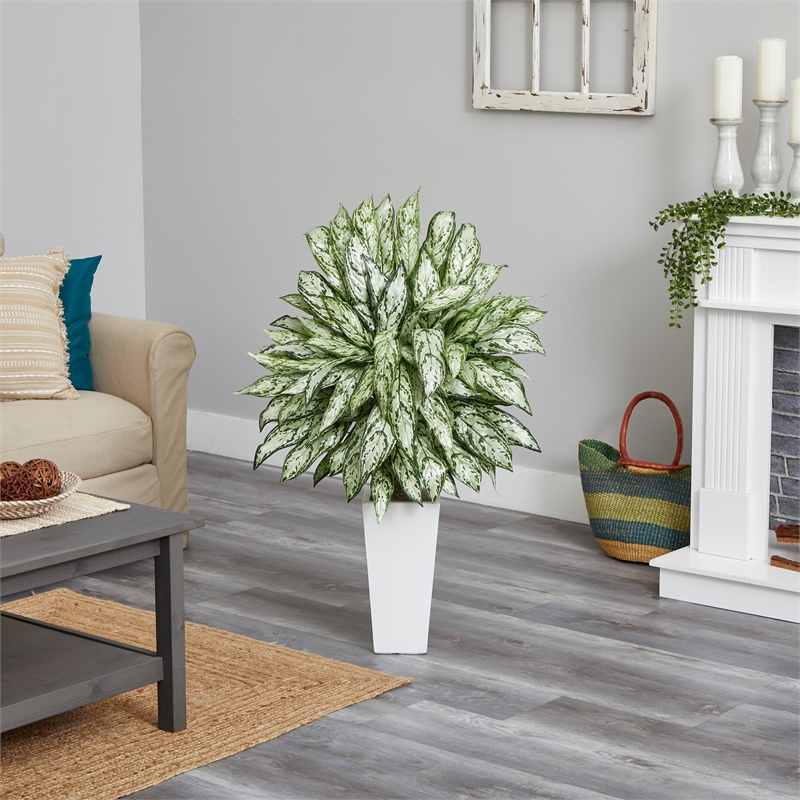 Nearly Natural Silver Queen Artificial Plant in White Tower Planter in Green