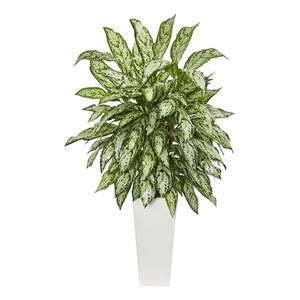 Nearly Natural Silver Queen Artificial Plant in White Tower Planter in Green