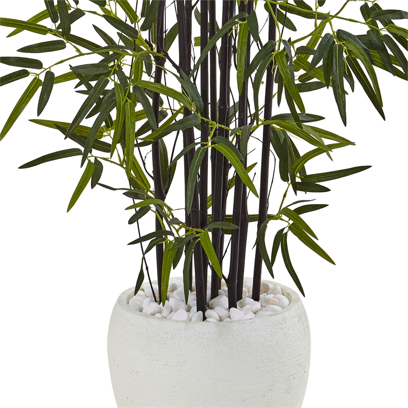 Nearly Natural 5ft Black Bamboo Artificial Tree in White Oval Planter in Green