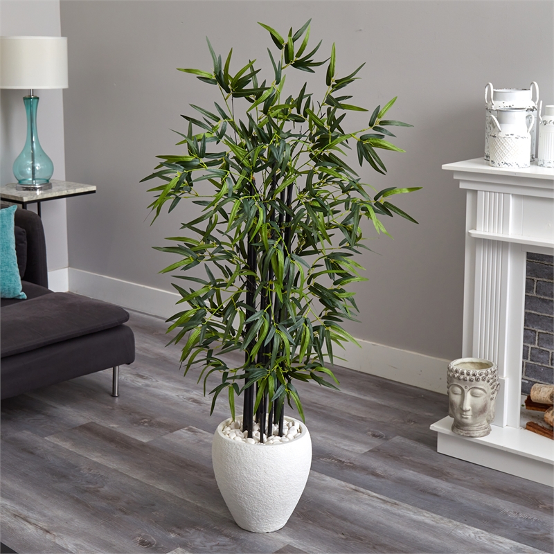 Nearly Natural 5ft Black Bamboo Artificial Tree in White Oval Planter in Green