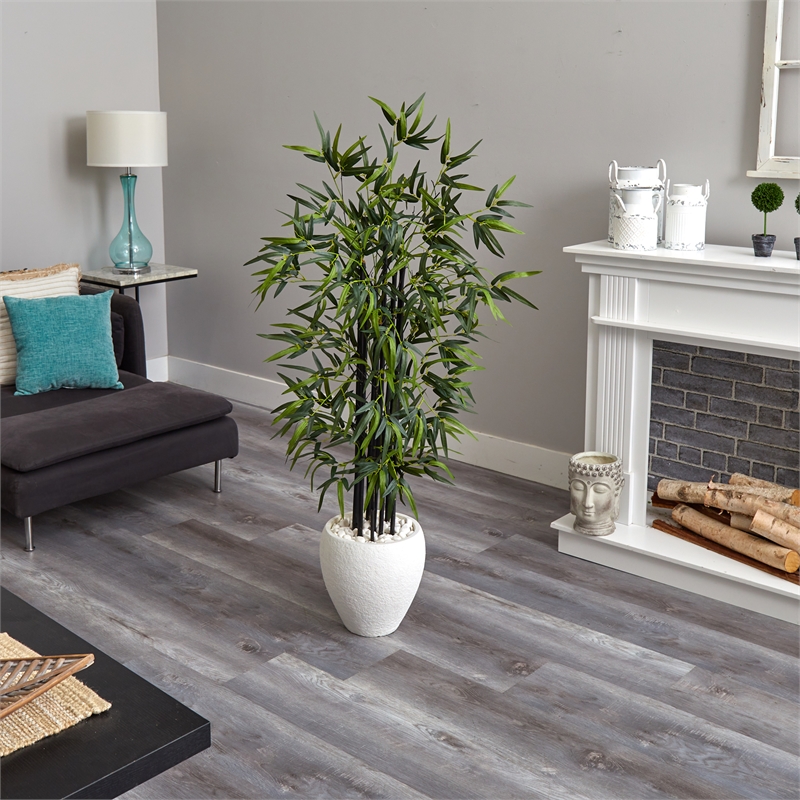 Nearly Natural 5ft Black Bamboo Artificial Tree in White Oval Planter in Green