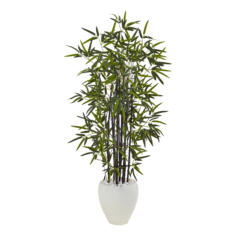Nearly Natural 5ft Black Bamboo Artificial Tree in White Oval Planter in Green