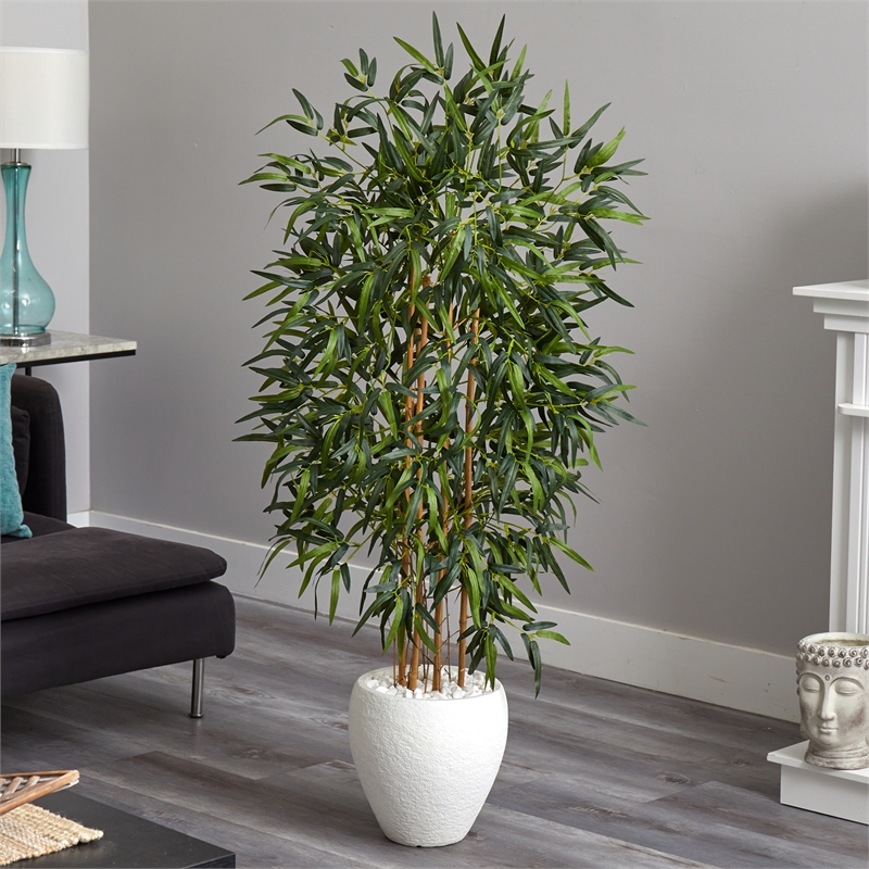 Nearly Natural 5ft Bamboo Artificial Tree in Oval White Planter in Green