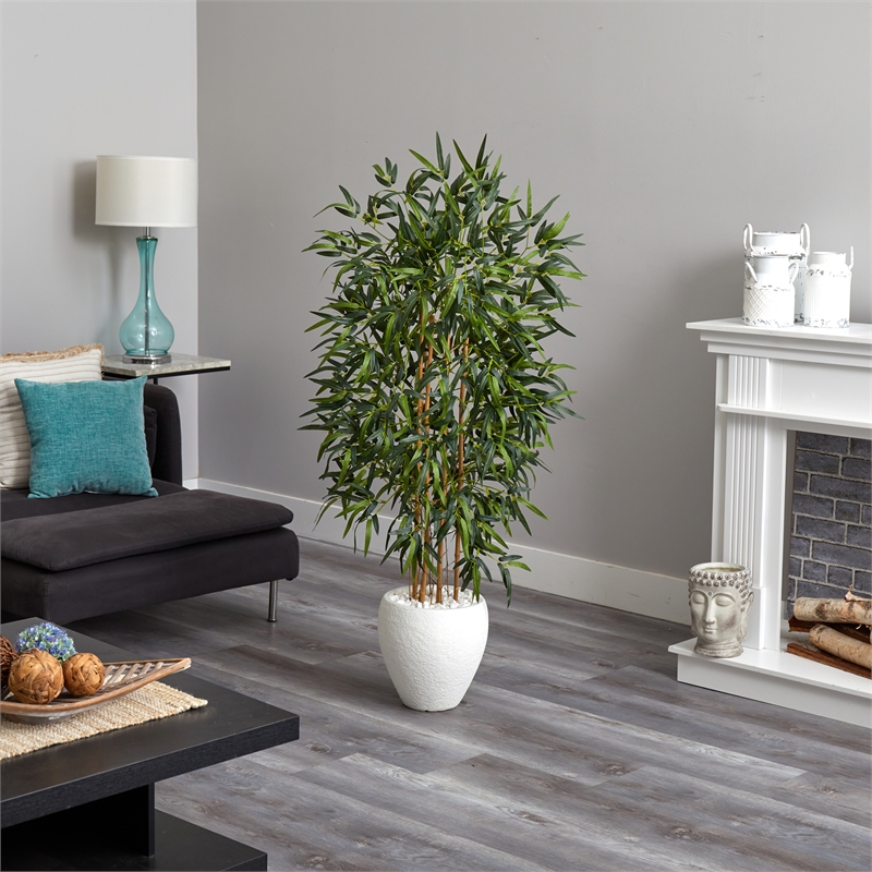 Nearly Natural 5ft Bamboo Artificial Tree in Oval White Planter in Green