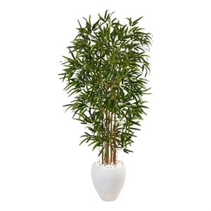 Nearly Natural 5ft Bamboo Artificial Tree in Oval White Planter in Green
