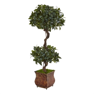 Nearly Natural 4.5ft Sweet Bay Double Topiary Artificial Tree in Metal Planter