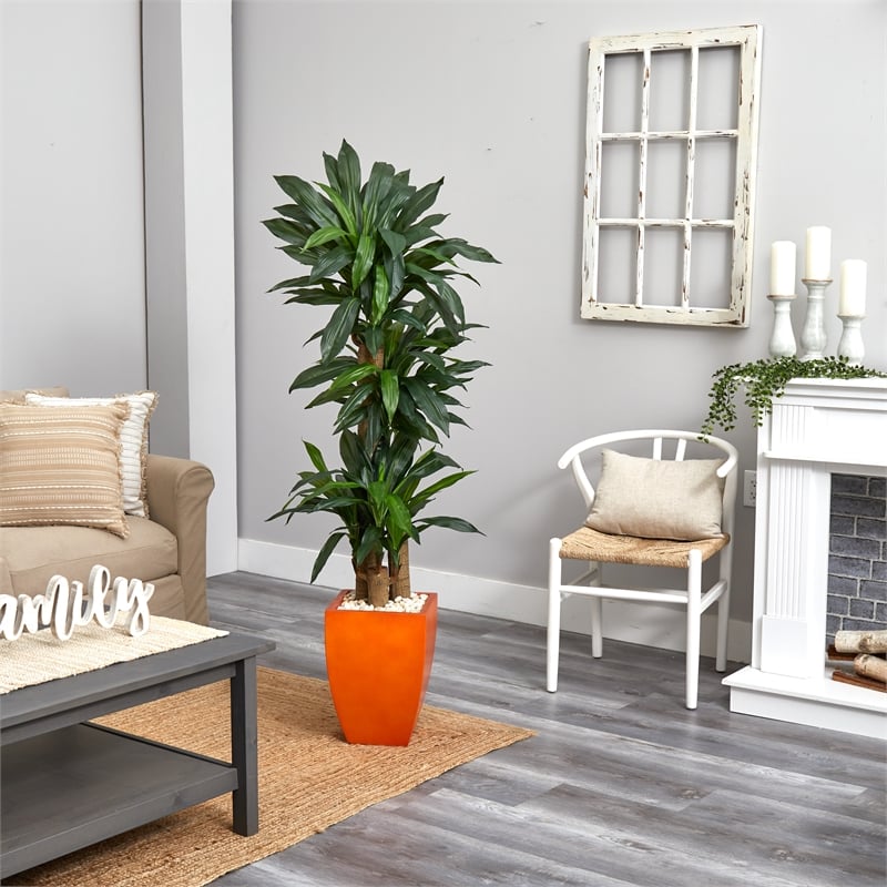 Nearly Natural 5.5ft Dracaena Plant in Orange Square Planter (Real Touch)