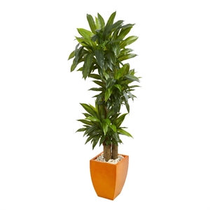 Nearly Natural 5.5ft Dracaena Plant in Orange Square Planter (Real Touch)