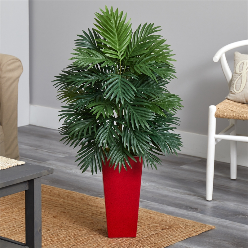 Nearly Natural Areca Palm Artificial Plant in Red Planter in Green