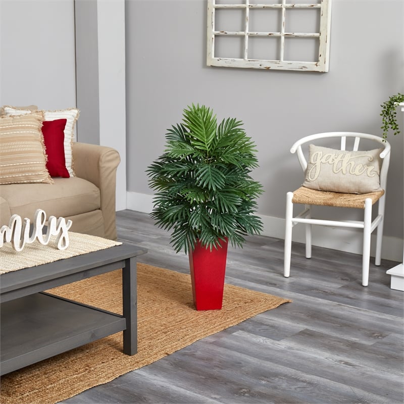 Nearly Natural Areca Palm Artificial Plant in Red Planter in Green