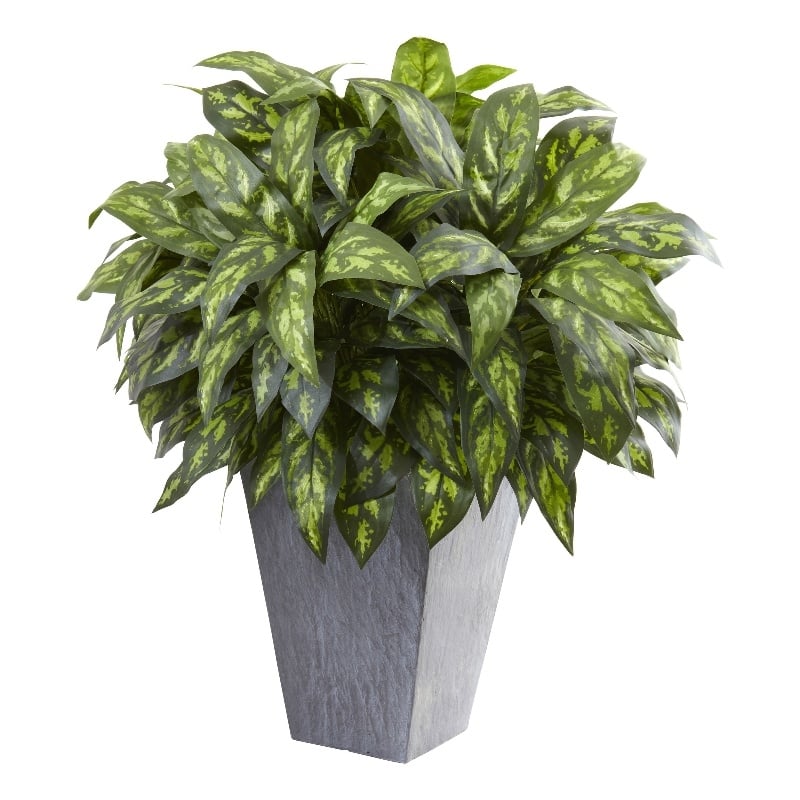 Nearly Natural Silver King with Slate Planter in Green