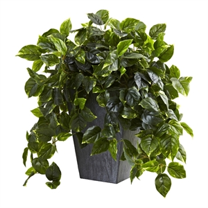Nearly Natural Hanging Pothos with Slate Planter UV Resistant (Indoor/Outdoor)