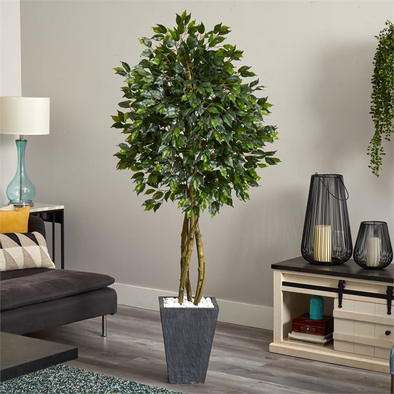 Nearly Natural 6.5ft Ficus UV Resistant Artificial Tree w/ Slate Planter