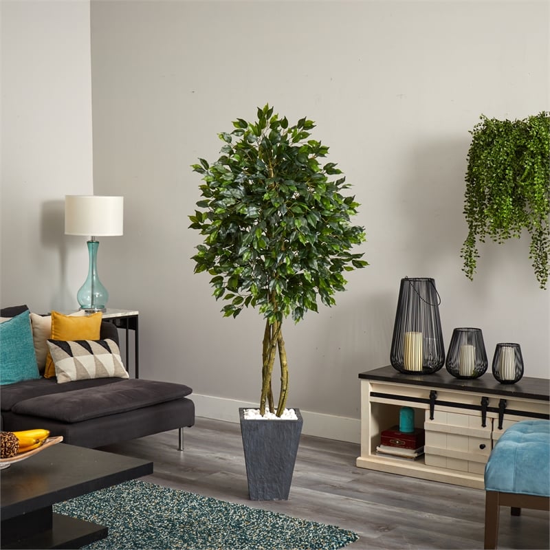 Nearly Natural 6.5ft Ficus UV Resistant Artificial Tree w/ Slate Planter