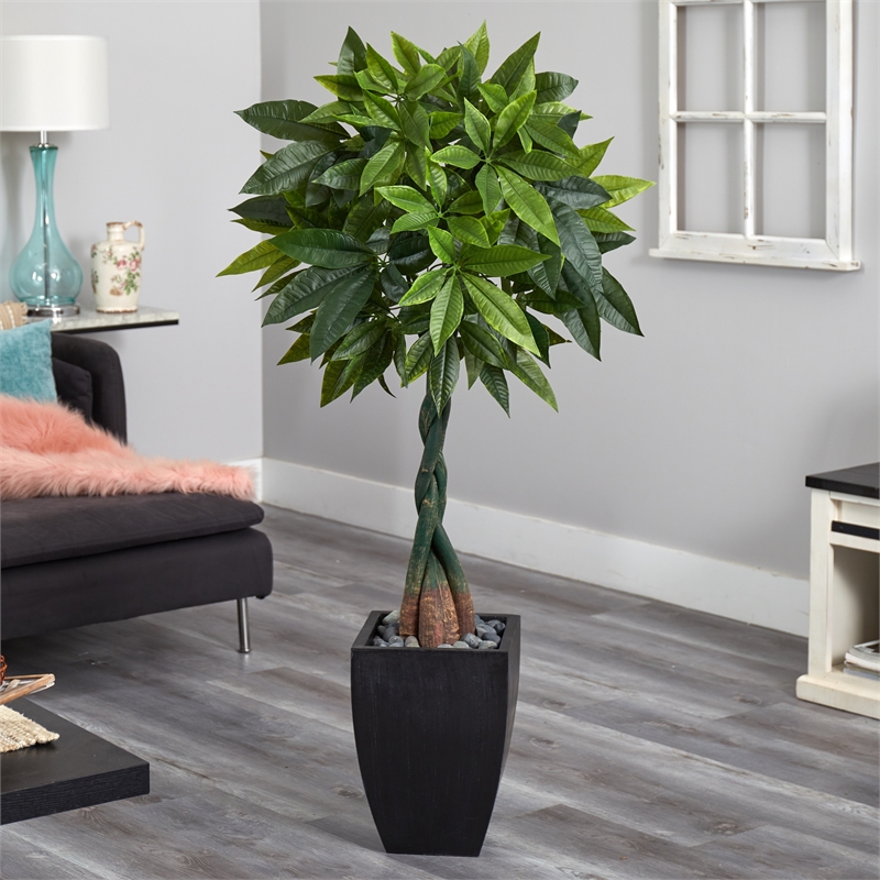 Nearly Natural 5ft Money Artificial Tree in Black Square Planter in Green
