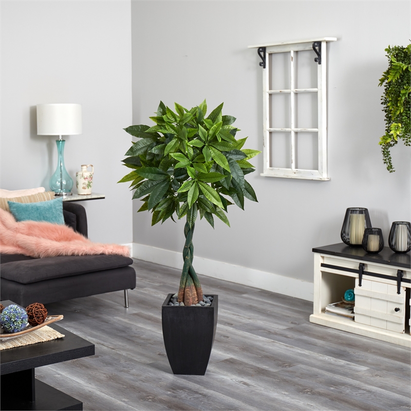 Nearly Natural 5ft Money Artificial Tree in Black Square Planter in Green