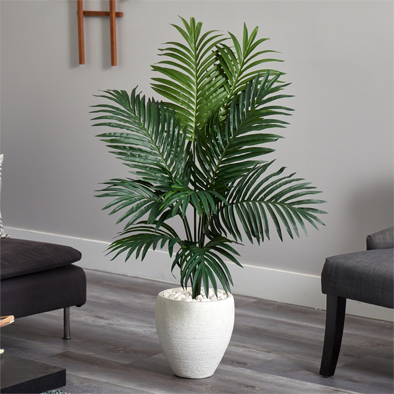 Nearly Natural 4.5ft Kentia Palm Artificial Tree in White Oval Planter in Green