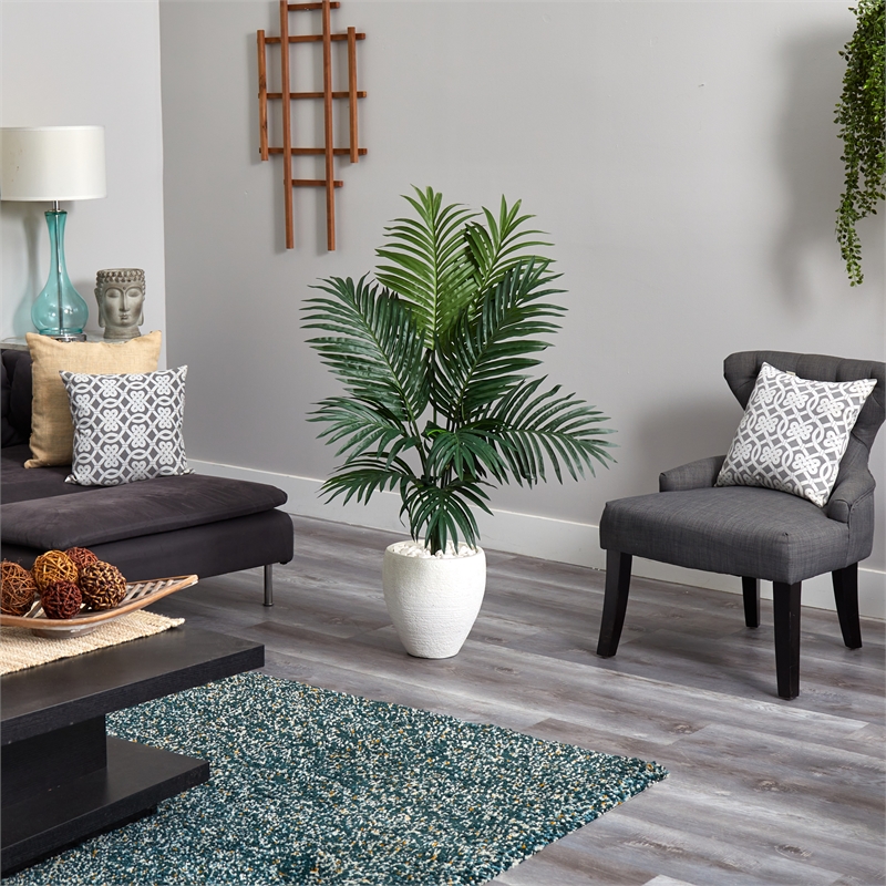 Nearly Natural 4.5ft Kentia Palm Artificial Tree in White Oval Planter in Green