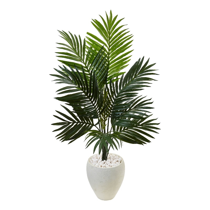 Nearly Natural 4.5ft Kentia Palm Artificial Tree in White Oval Planter in Green