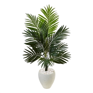 Nearly Natural 4.5ft Kentia Palm Artificial Tree in White Oval Planter in Green