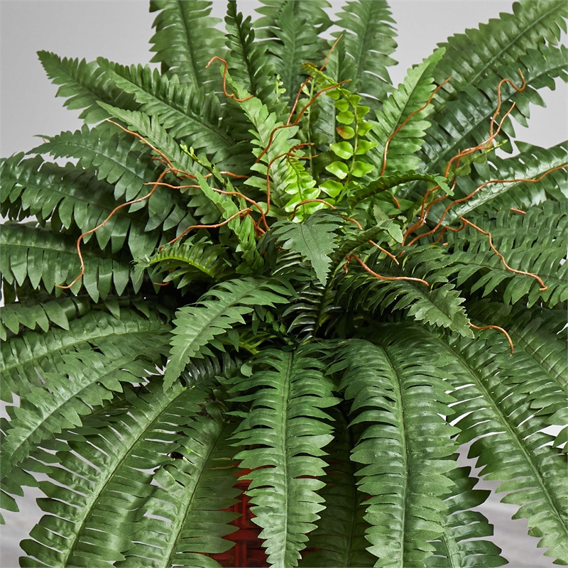 Nearly Natural Boston Fern with Wood Vase Silk Plant in Green