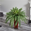 Nearly Natural Boston Fern with Wood Vase Silk Plant in Green