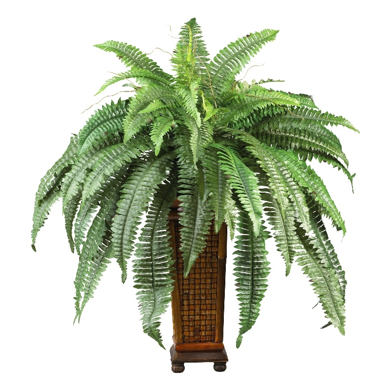 Nearly Natural Boston Fern with Wood Vase Silk Plant in Green