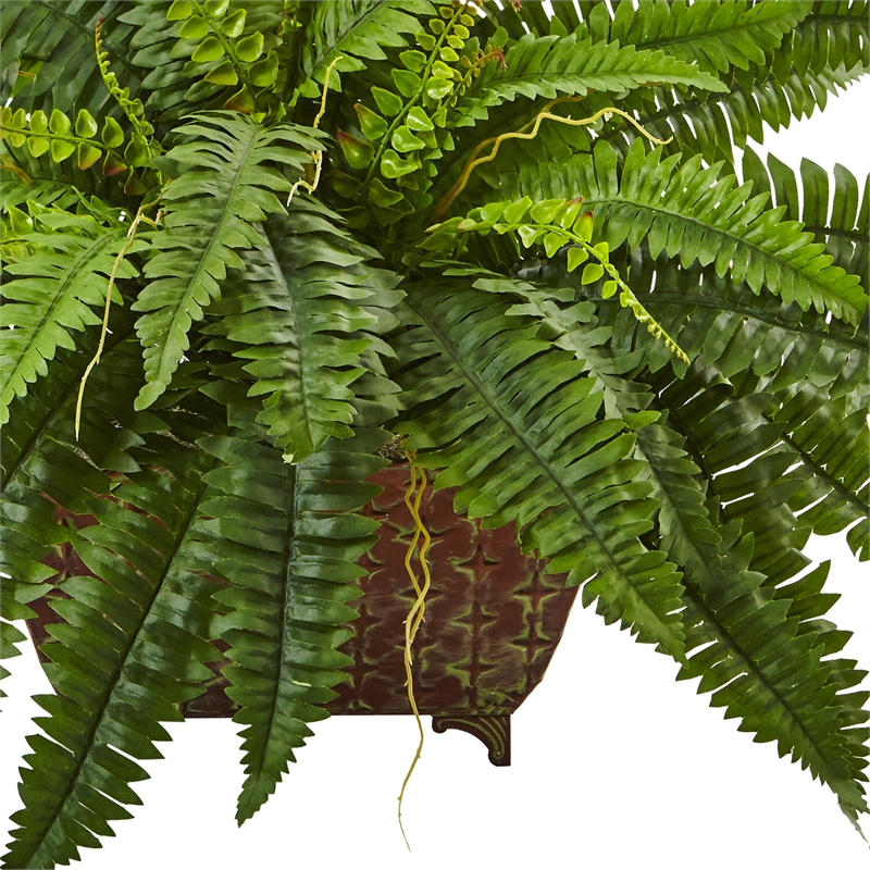 Nearly Natural Boston Fern in Metallic Planter in Green