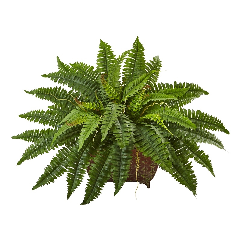 Nearly Natural Boston Fern in Metallic Planter in Green
