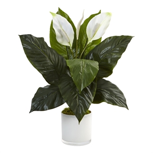 Nearly Natural Spathiphyllum Artificial Flowering Peace Lily in Glass Planter